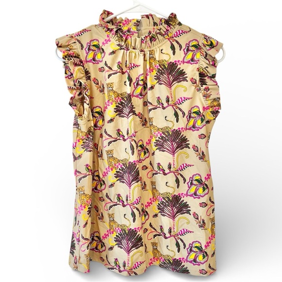 Jude Connally Tops - Jude Connally Beige Floral & Leopard Print Ruffle Shell